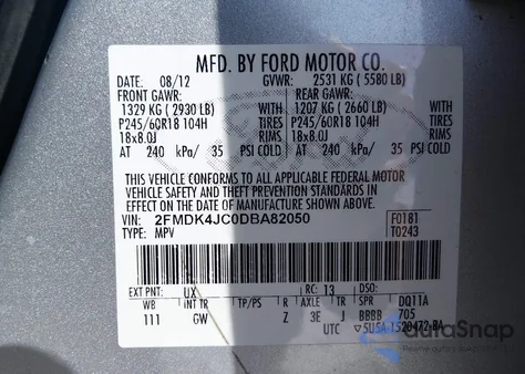 2013 Ford Edge Sel из США, поврежденный, VIN 2FMDK4JC0DBA82050